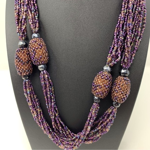 Vintage Purple Seed Beaded Pineapple Inspired Long Layered Chunky Necklace 21" - Picture 2 of 9